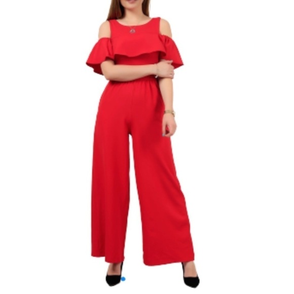 Zara Red Cold Shoulder Ruffle Jumpsuit size XS - Picture 2 of 8